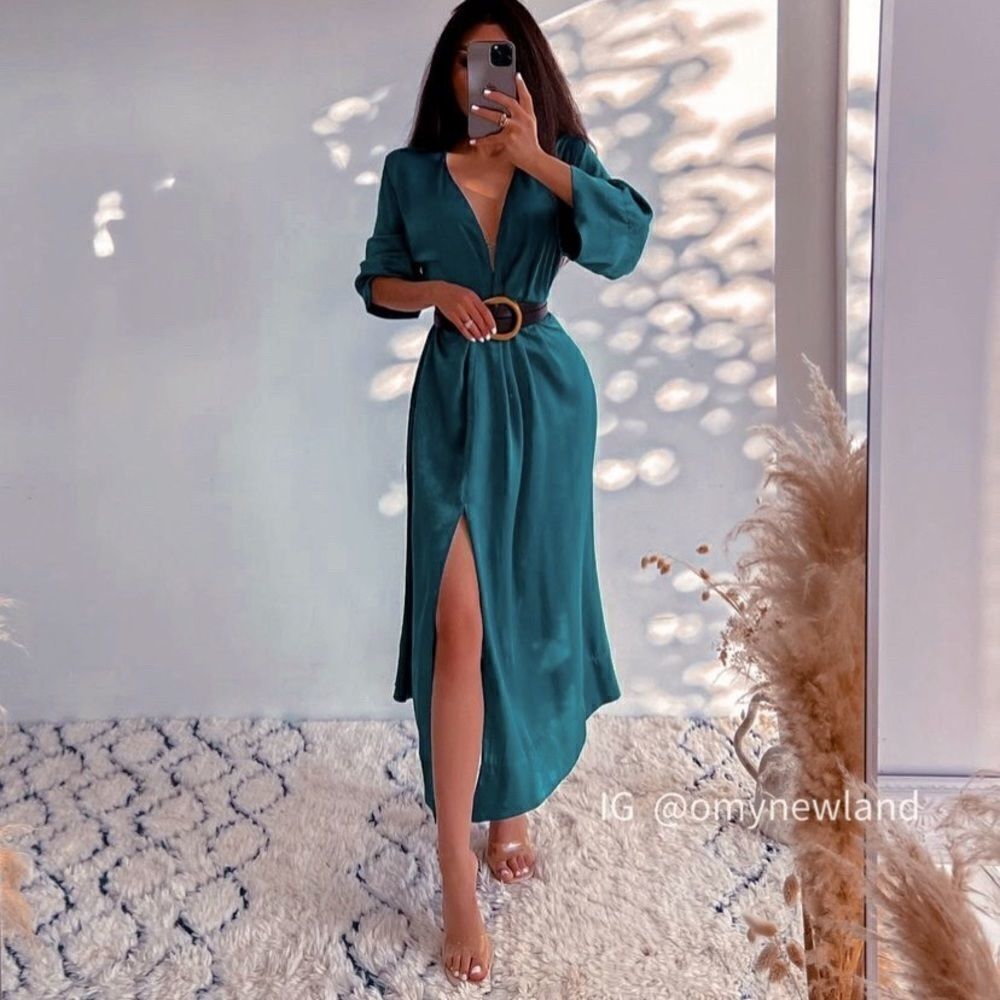 Zara Flowy Satin Effect Midi Dress Green New - Picture 5 of 7
